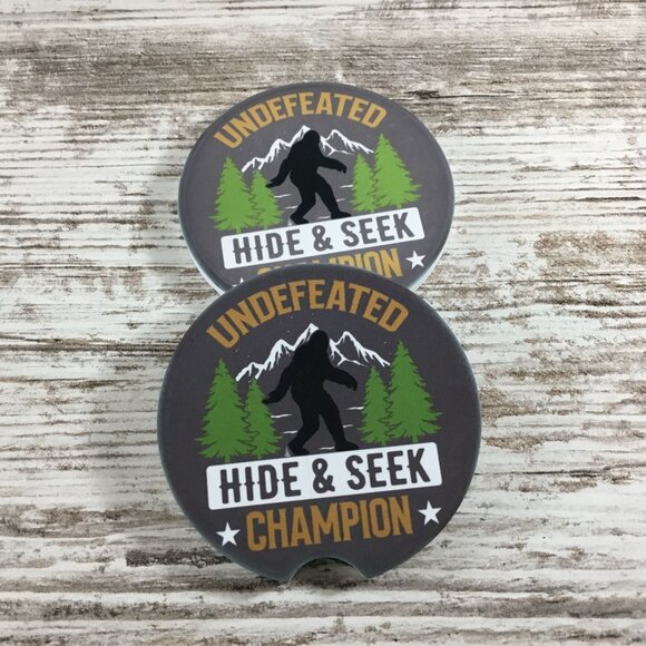 Big Foot Undefeated Hide & Seek Champion Car Coasters Set of 2 - Picture 4 of 5